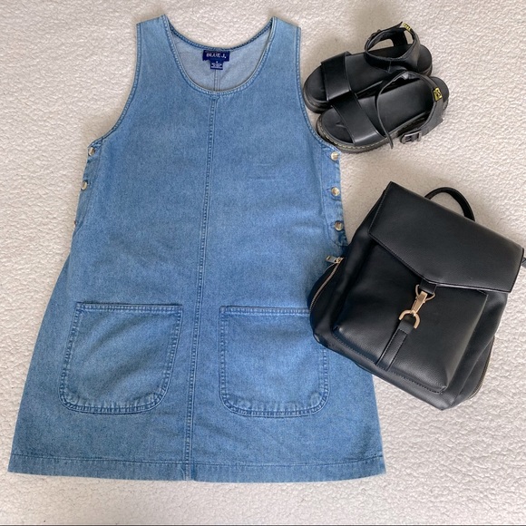 Vintage Dresses & Skirts - Vintage 90s Denim Pinafore Mini Dress with Front Pockets
